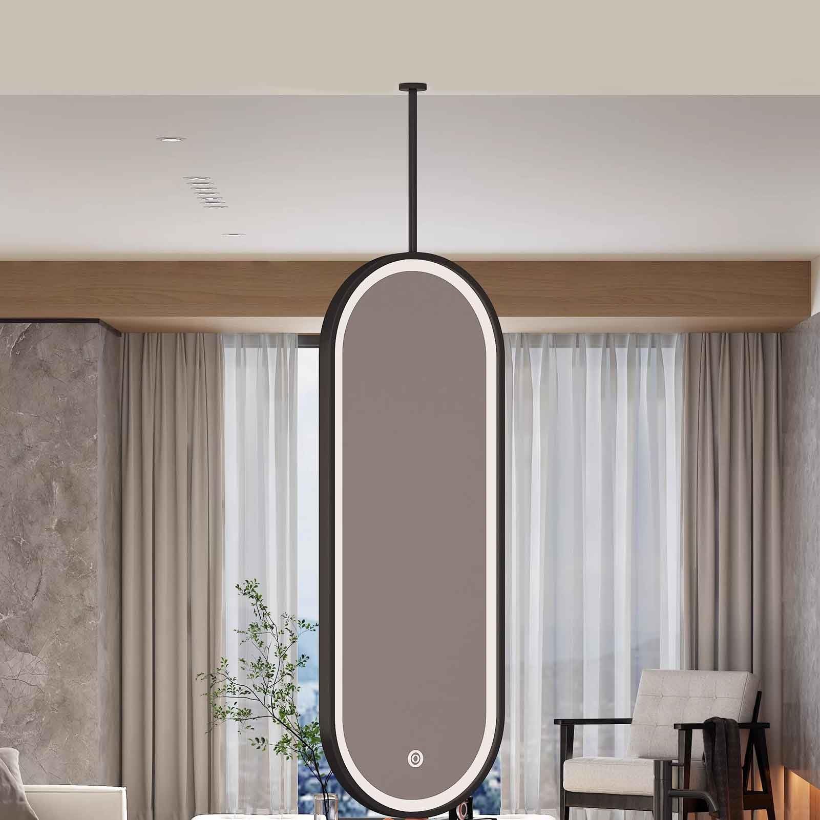 MESOVFCA Modern LED Mirror, Ceiling Mounted Bathroom Mirrors for Makeup, W/Black Metal Frame and Hanging Rod Oval Suspended Mirror(50cmx90cm)