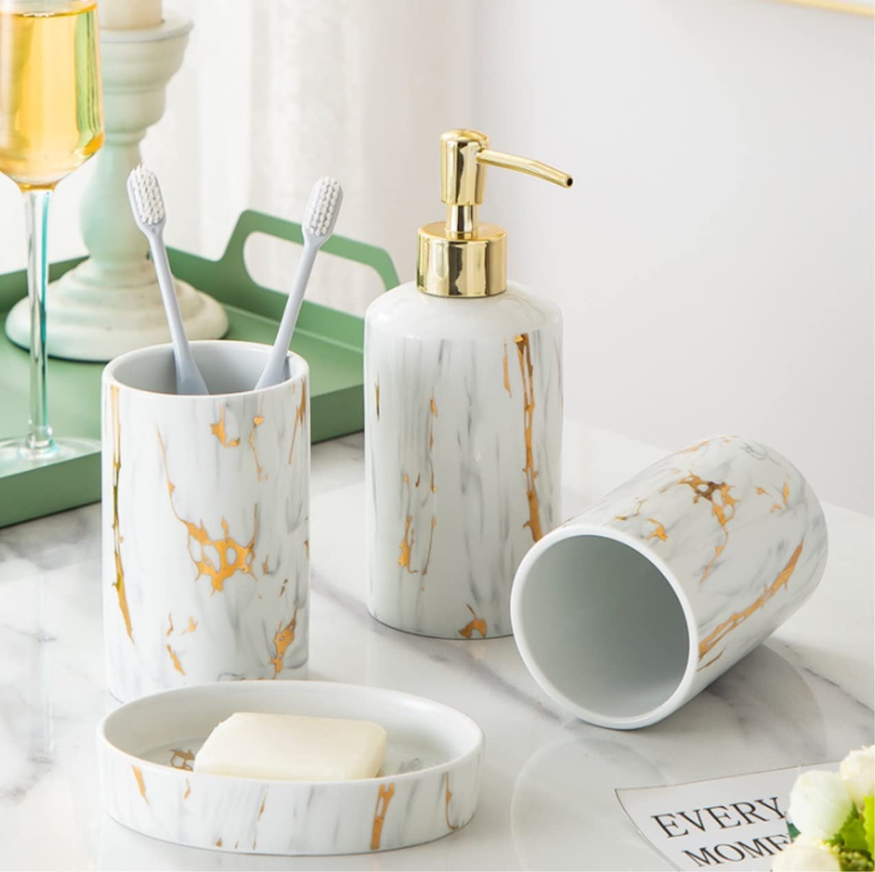 Badaccessoires, Bad Accessoires Set Marmor Keramik Set 4 TLG. Waschset Kreativ Keramik Sanitärartikel Seifenspender Badezimmer Set