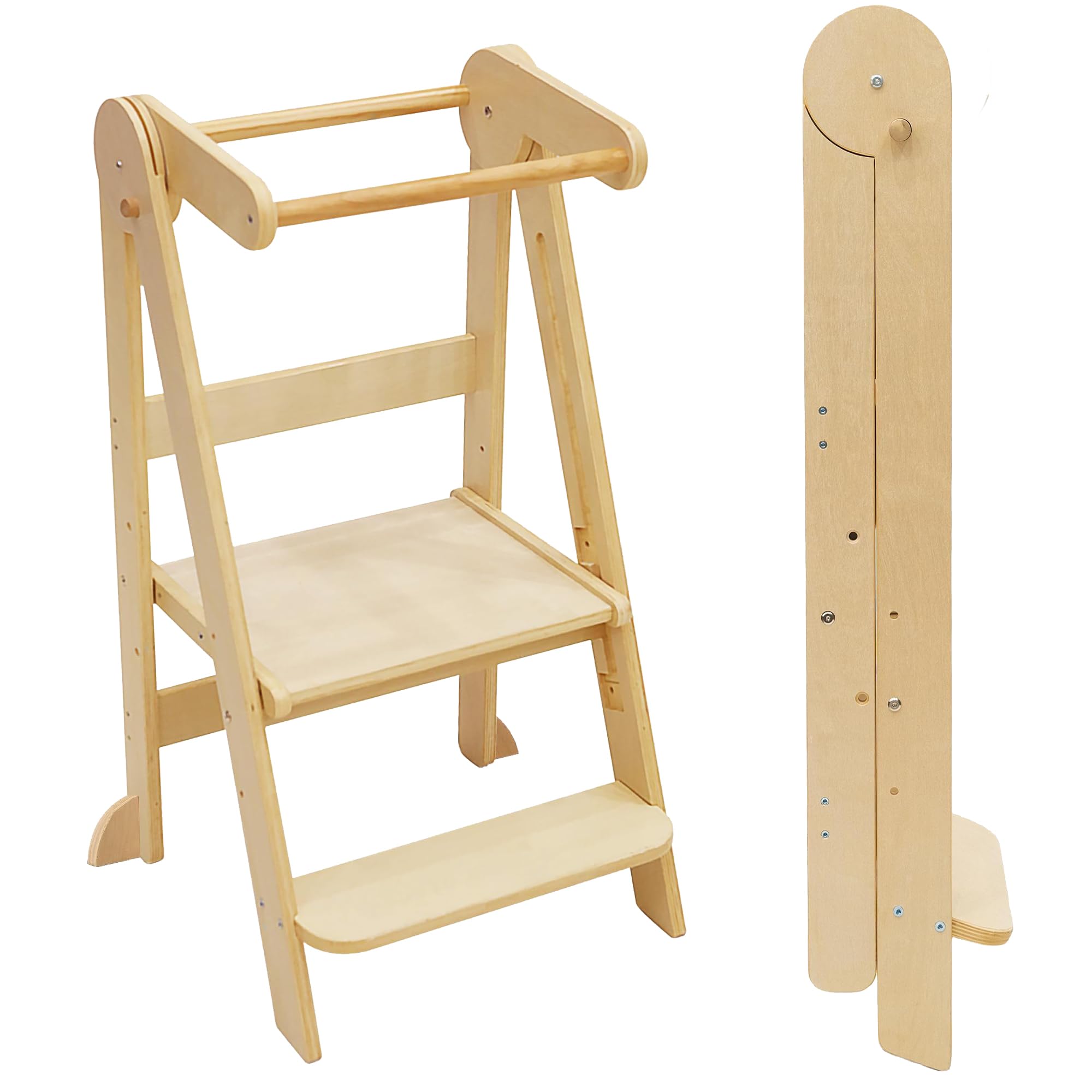 Foldable Toddler Tower 95% Preassembled Kitchen Stool Helper Folding Step Stool for Kids with 3 Adjustable Height Montessori Toddler Standing Tower