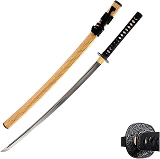 HMS Japanese Samurai Katana Sword, Samurai Bamboo Tsuba, Hand Forged, 1095 Carbon Steel Damascus Blade, Wooden Scabbard in Bamboo Color and Patern, Sharp, Functional