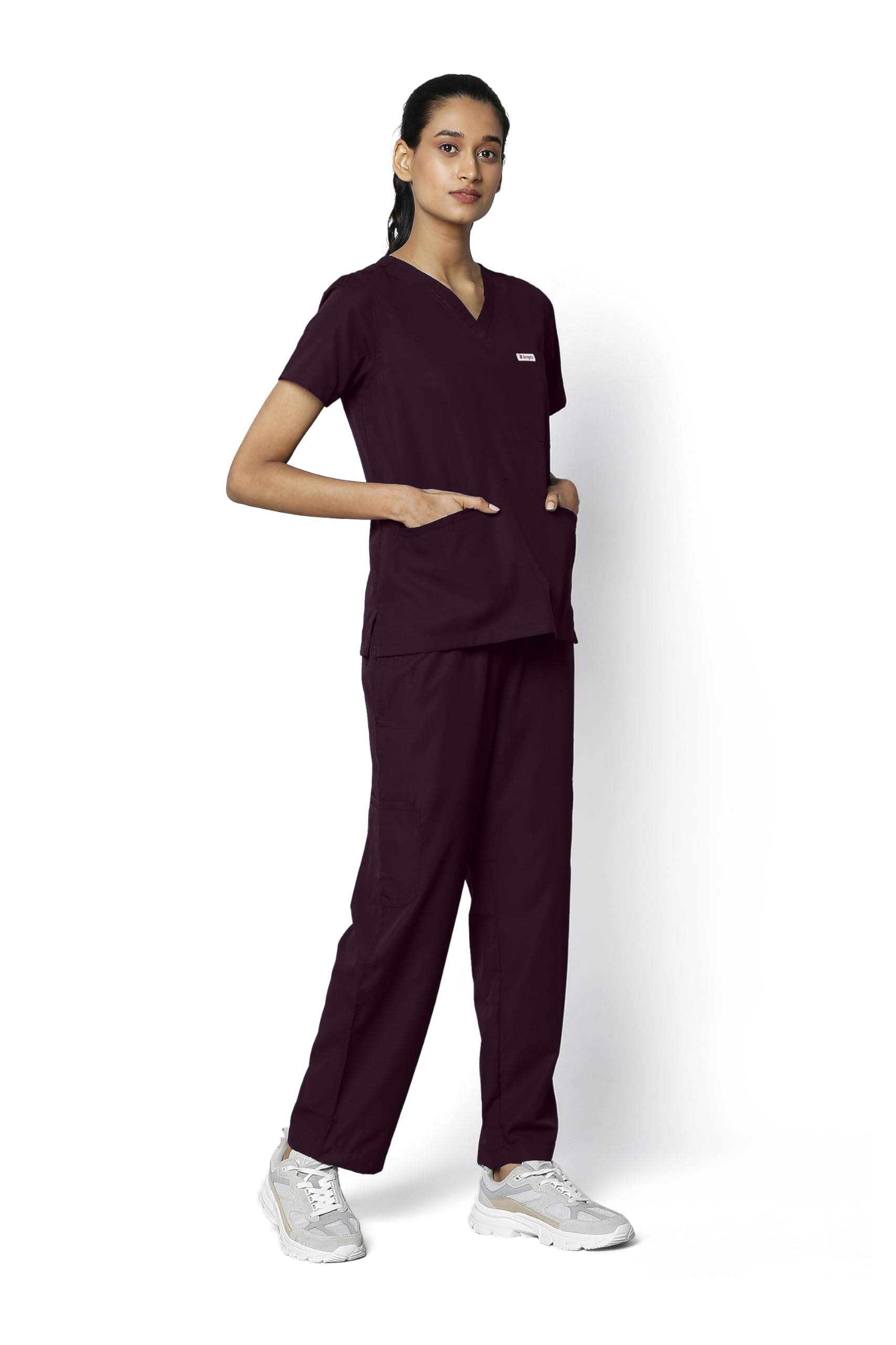 KNYA Essential Women's 10-Pocket Scrub Suit | Set of Top & Bottom | Half Sleeves | V Neck | Breathable Fabric | Comfortable | Durable | Uniform for Doctors, Nurses and Dentists, Wine (XS)