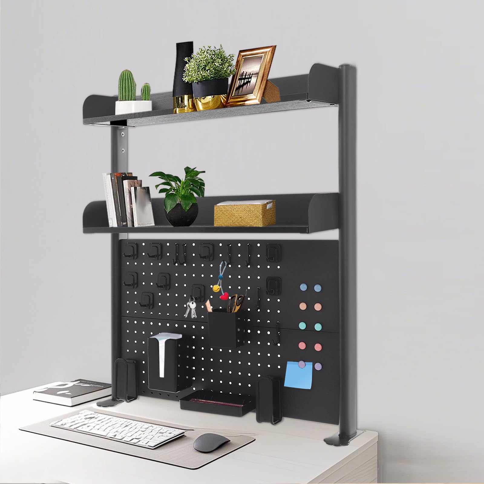 Klemmbare Schreibtisch Regal, 2 Ebenen Büro Computertisch Zubehör Organizer für Büro, Gaming, Zuhause, Aufhängbar, Klemmregal Mit Lochwand (Schwarz, 95x80x12.5cm)