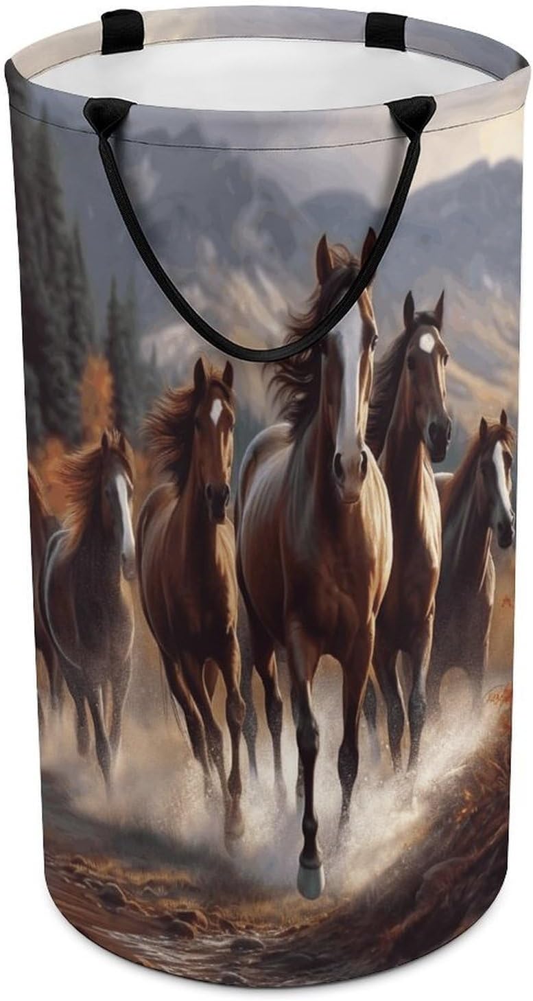 Horses Laundry Hamper with Handles Waterproof Collapsible Laundry Basket Large Lightweight Round Dirty Clothes Hamper for Home Dorm Bathroom Decor