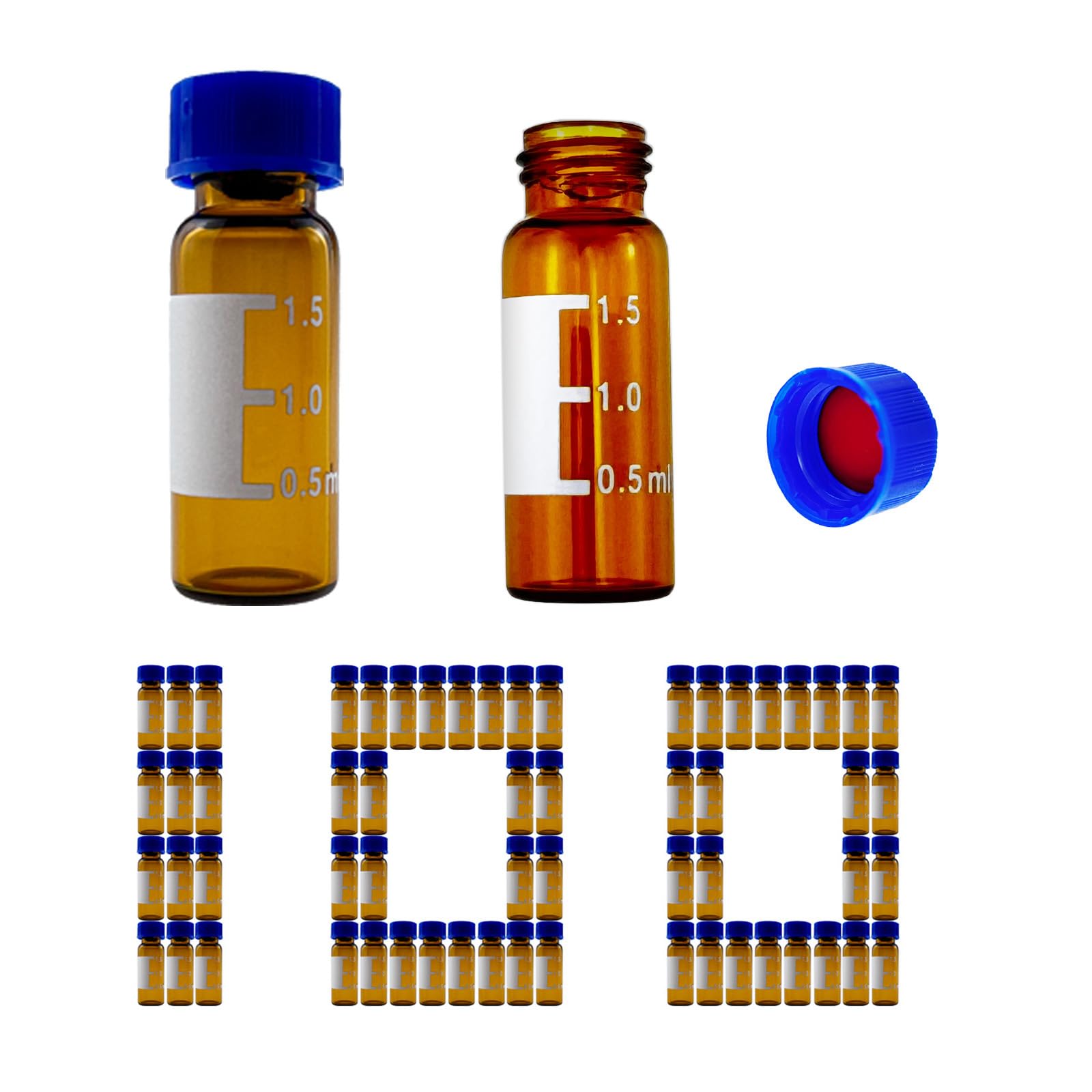HXymxkeqi 2 mL Amber Autosampler Vials 100 Pack – HPLC/GC Certified, 9-425 Screw Cap with Red PTFE/White Silicone Septa, Graduations & Write-On Area, Leak-Proof for LC, GC-MS, Lab Analysis