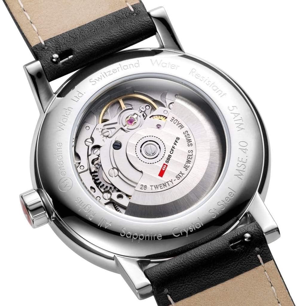 خلف view of Mondaine EVO2 watch showing the automatic movement and water resistance engraving.