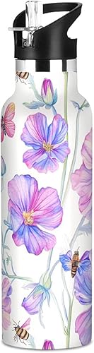 Miniatura 22 de Botella de agua estética de tulipán verde azulado para niños, con tapa de boquilla a prueba de fugas, aislamiento al vacío de doble pared, ligera