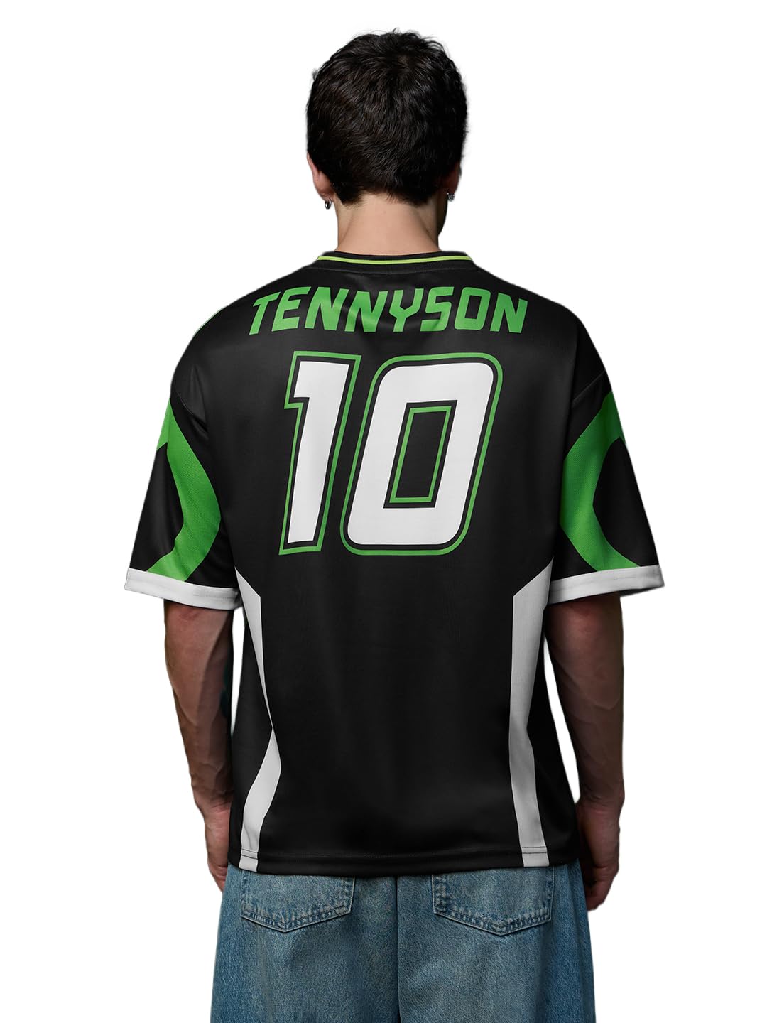 Ben 10: Tennyson Men and Boys Short Sleeve V-Neck Black and Lime Green Graphic Printed Omnitrix Casual Lightweight Drop Shoulder Streetwear Trendy Oversized Jerseys-image-2