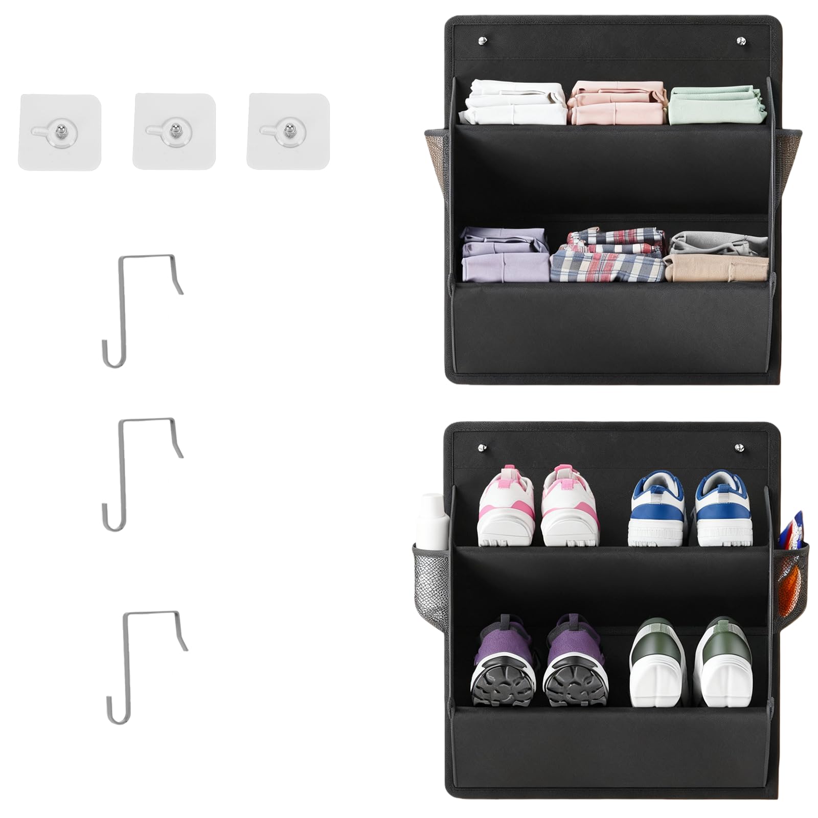 LJEC 2pcs Over Door Shoe Storage,Door Shoe Organizer 2 Pockets,Hanging Shoe Rack Storage with Deep Pocket Large Storage Compartments Storage Organizer for Shoes with 3 Hooks for Space Saving, Black