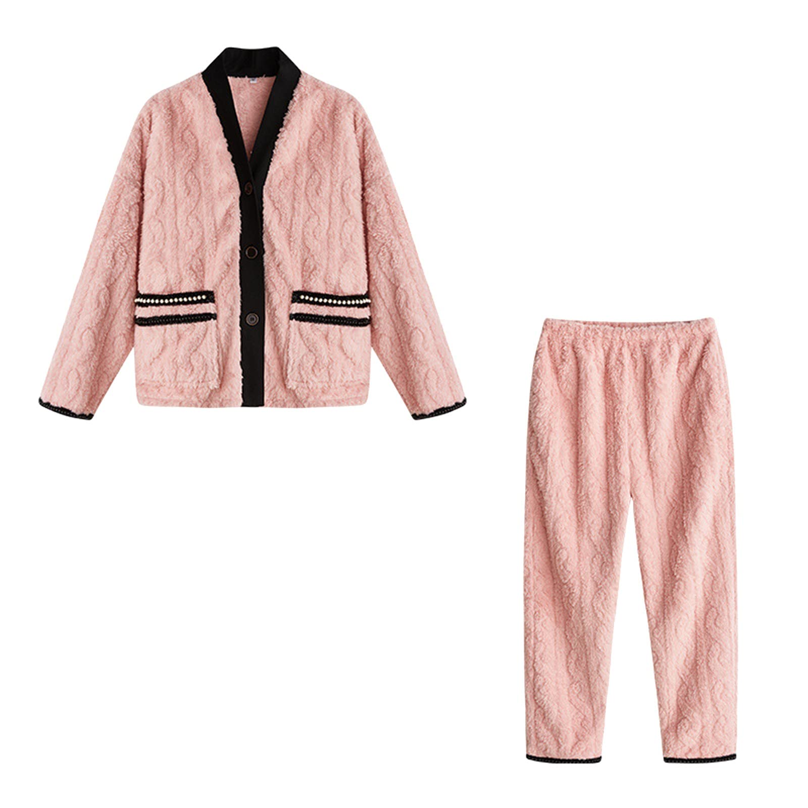 CMBSSTFC Warmer Flanell-Pyjama für Damen, kuschelig Warmer Damen-Pyjama, Winter-Pyjamahose + Langarm-Pullover, kuscheliger Anzug, Zweiteiliger Fleece-Pyjama, Flauschiger Hausanzug für Mädchen