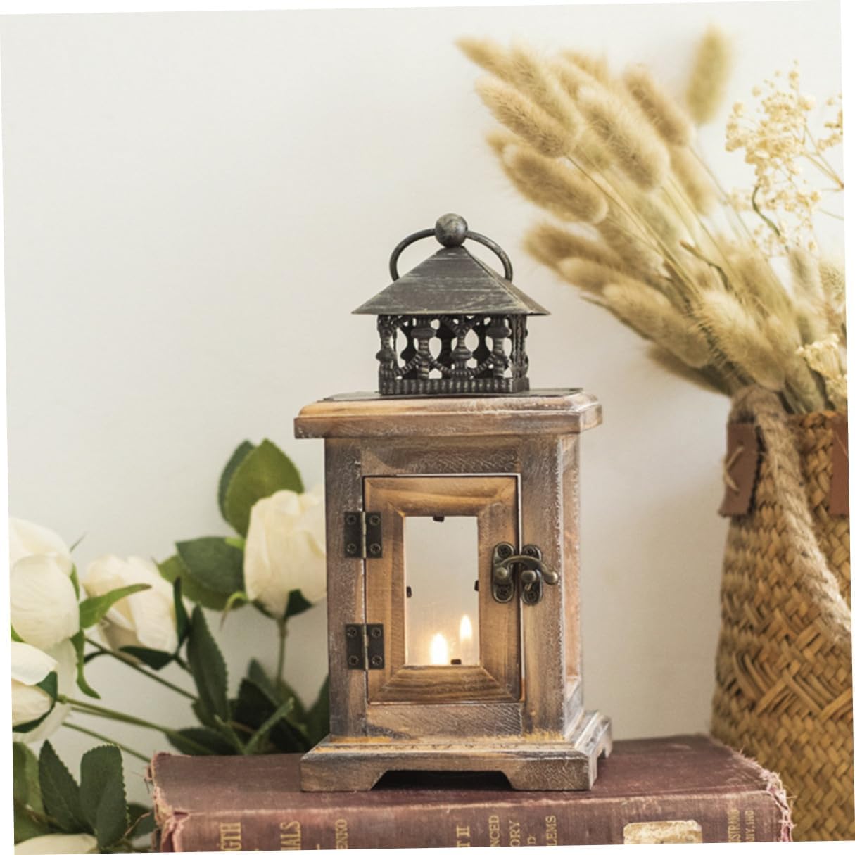Retro Wooden Decorative Lantern Candle Holder Compact Desktop Adornment for Home Wedding Banquet Vintage Style Rustic Light Accessory with Artistic Pattern