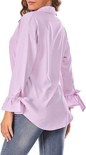 Vista 12 de Camisa de manga larga acampanada para mujer, para otoño, casual, cuello con lazo, con puño, ajuste holgado, camisetas Blanco