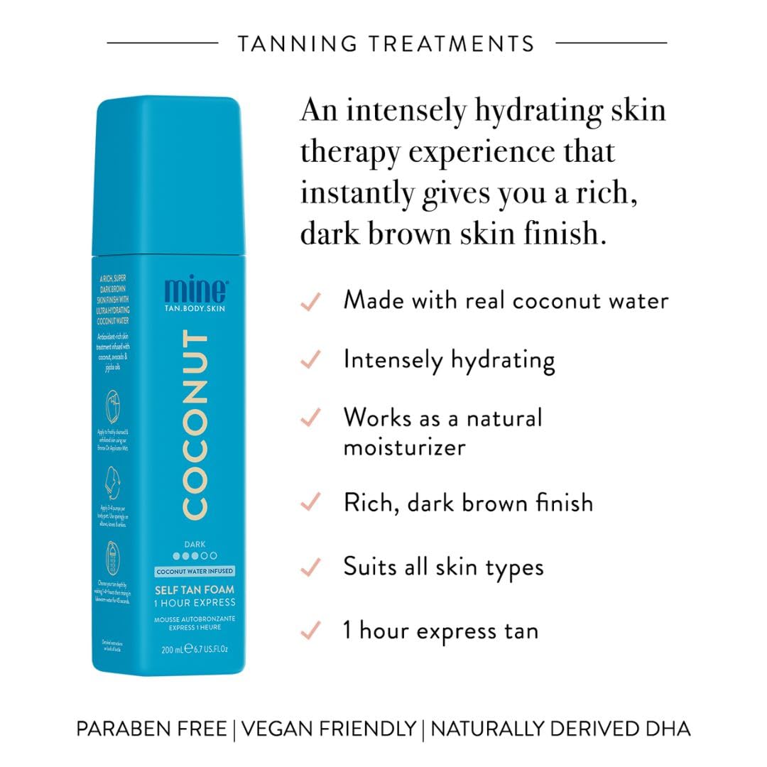 Minetan Coconut Self Tan Foam | Tanning Treatments Collection | Deep Dark Brown Skin Finish | 1 Hour Express Mousse, Face & Body Fake Tanner | Ultra Hydrating Glow, Vegan & Paraben Free | 6.7 Fl Oz
