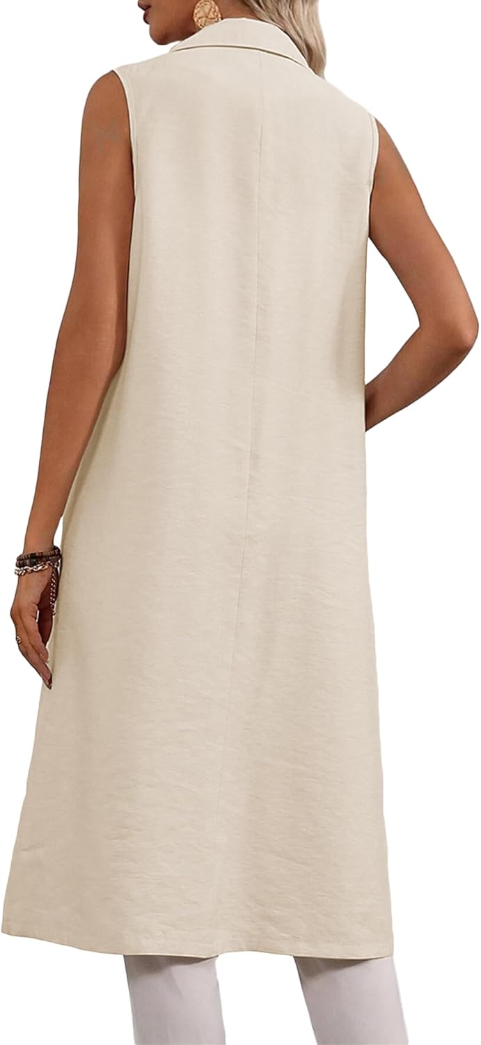 Mina Self 2025 Summer Sleeveless Long Linen Blazers Jacket Women Lightweight Fashion Casual Work Outerwear with Pockets - Image 5