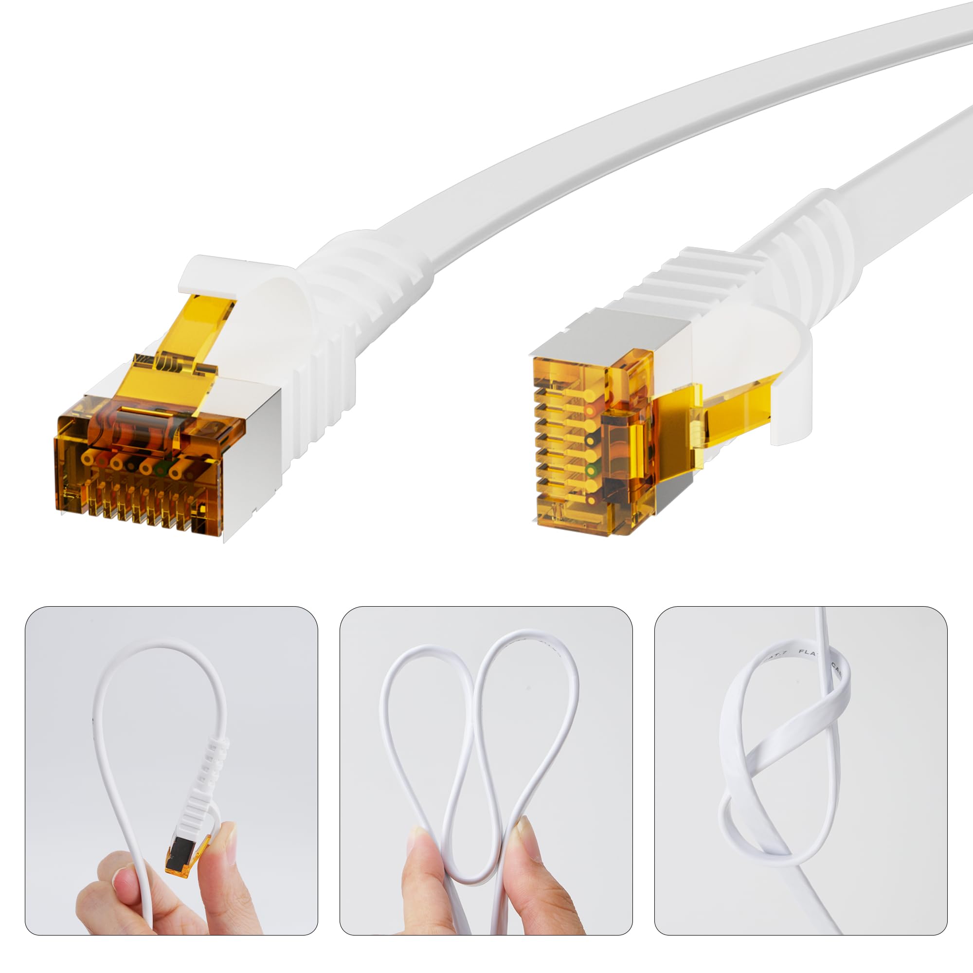 Płaski kabel Ethernet Cat7, 15 m, biały, do użytku na zewnątrz, 10 Gbit/s 600 MHz, POE, wytrzymały PCW + LLDPE, odporny na warunki atmosferyczne, bezpośrednie zakopanie, kabel sieciowy Cat 7