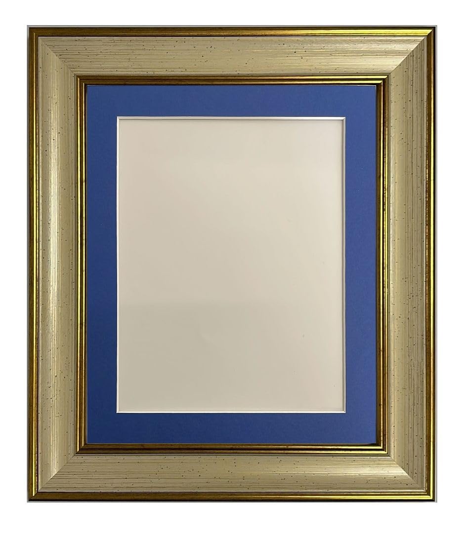 FRAMES BY POST Scandi Cream & Gold Picture Photo Frame with Oxford Blue Mount 16 x 12 Image Size 12 x 8