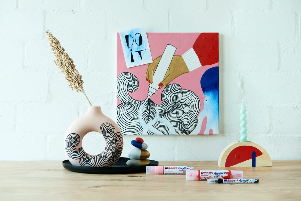 edding Creative Set - Acrylstifte wasserfest fein, medium, breit und 1x Acryltube, inkl. Malblock - 12 Acrylfarben Set (basic) - Acryl Farben zum Malen auf Leinwand oder Holz - Acrylstifte für Steine