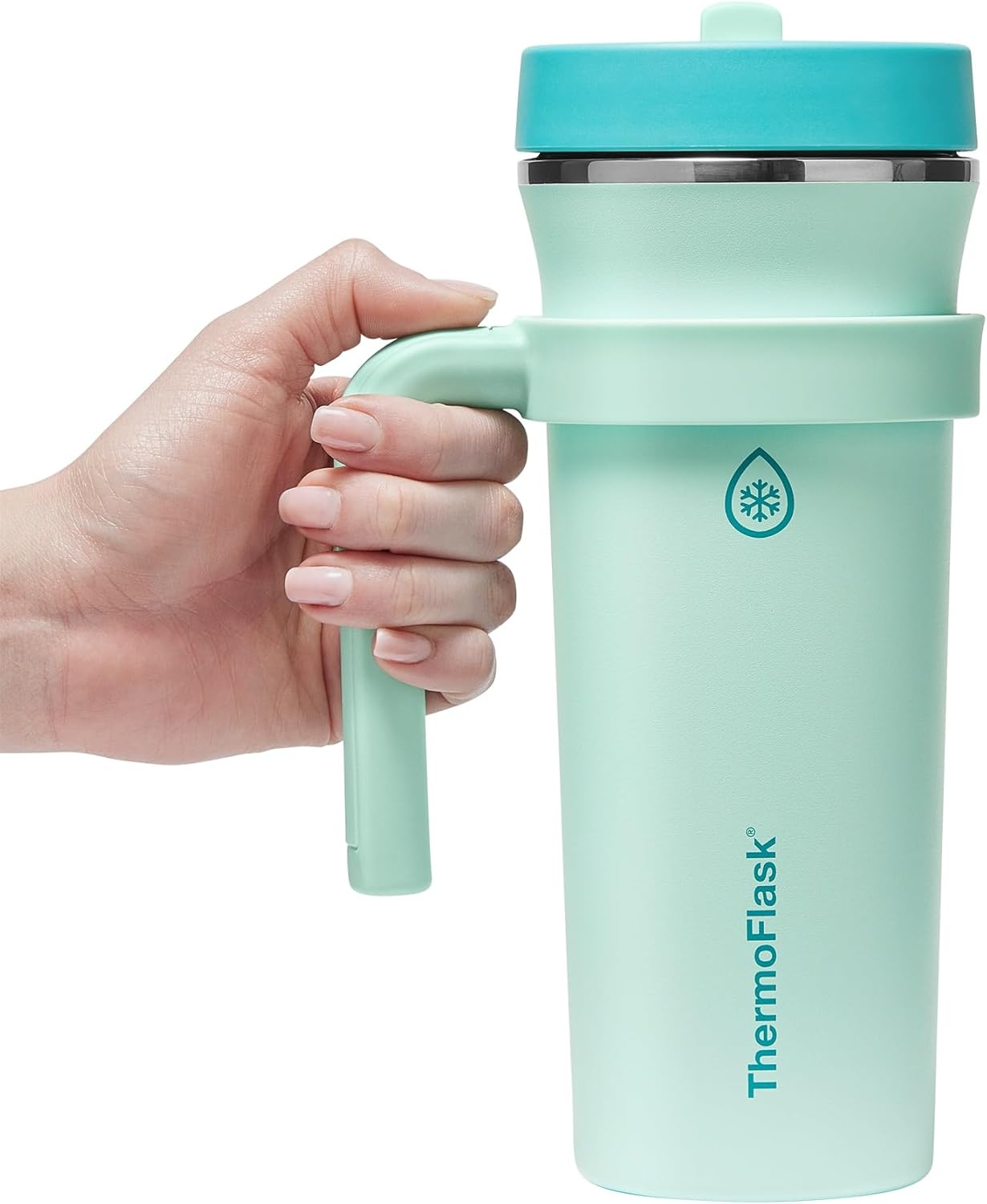 ThermoFlask 32 oz Double Wall Vacuum Insulated Stainless Steel Tumbler with Removable Handle, Foldable Straw Lid, Aqua Breeze