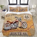  PANILUR Bedding Juego de Funda de Edredón,Cartel de la Motocicleta Ruta 66 Vintage,Microfibra Funda de Nórdico y Fundas de Almohada (Cama 220x240cm+Almohada 63X63cm)