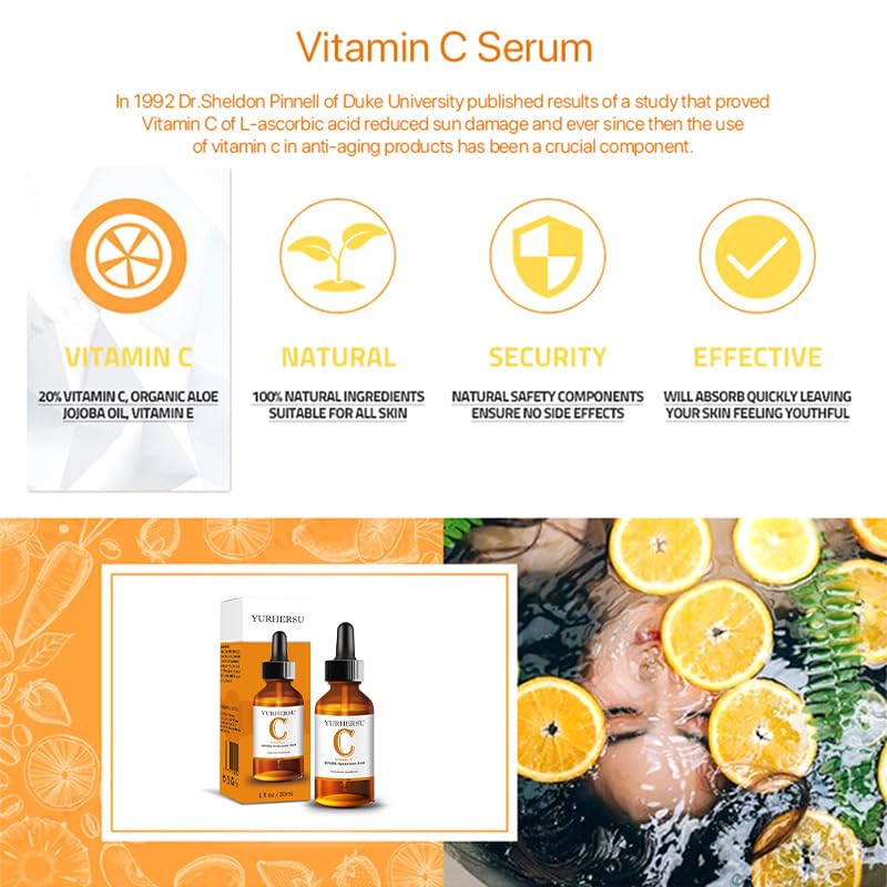 Miniatura 6 de YURHERSU Suero facial de vitamina C, esencia facial de ácido hialurónico, hidratante de larga duración, antienvejecimiento, antioxidante absorbe