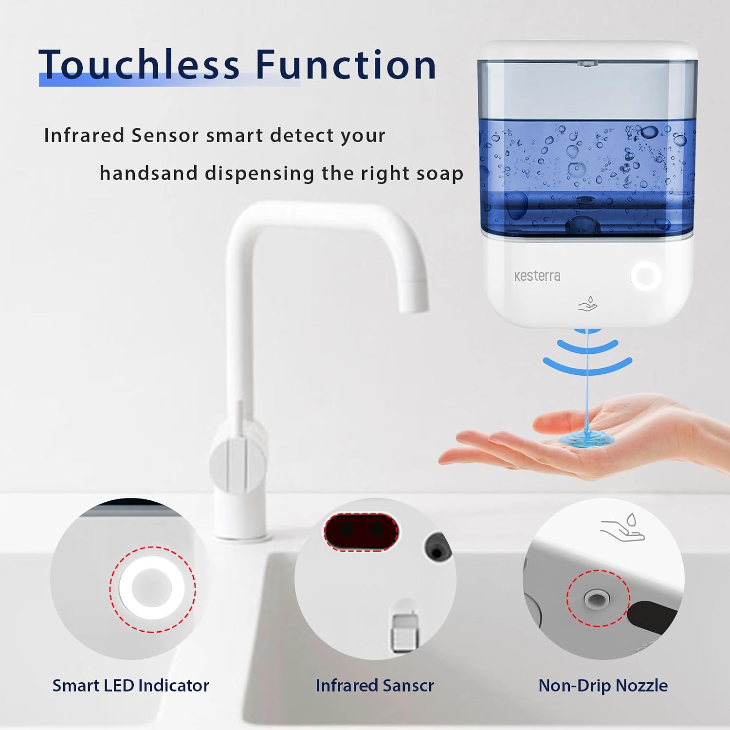 Automatic Soap Dispenser Wall Mount, Touchless Soap Dispenser 1000ml/34oz Battery Operated Hand Free Hand Sanitizer Dispenser for Bathroom Kitchen Hotel Offices Plastic, No Drill, White