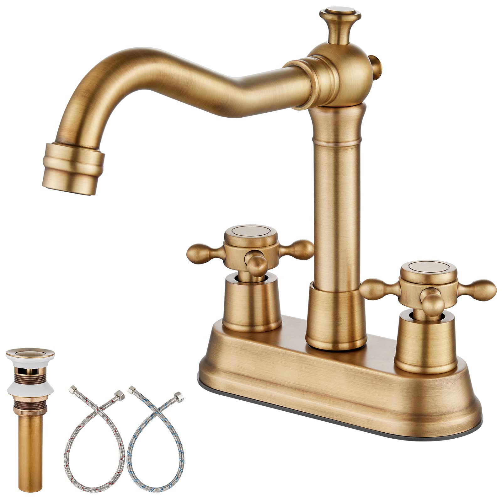 Aolemi Antique Brass 4 Inch Centerset Deck Mounted Bathroom Sink Faucet with 2 Metal Cross Handles Mixer Tap Basin Lavatory Faucet Utility 3 Hole Include Water Hose & Pop Up Drain Vanity