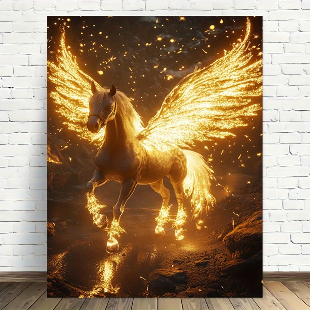 Cheval ailé doré affiche vintage moderne pour illuminer un mur de salon