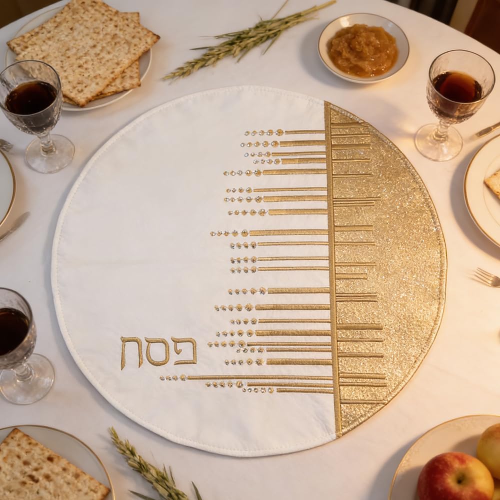 Passover Matzah Cover with Stones in 3 Layers Pockets, 18 Inch Round, Pesach Gift with Gold Hebrew Letters Embroidery