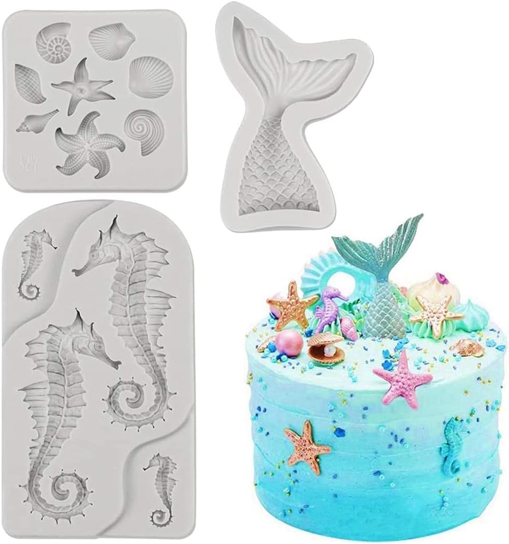 DELFINO Mermaid Theme Cake Fondant Mold, Seahorse Seashell Starfish Mermaid Tail Silicone Mold for Under The Sea Cake Decoration, Chocolate, Candy, Polymer Clay, Cupcake Decor, Sugar Craft