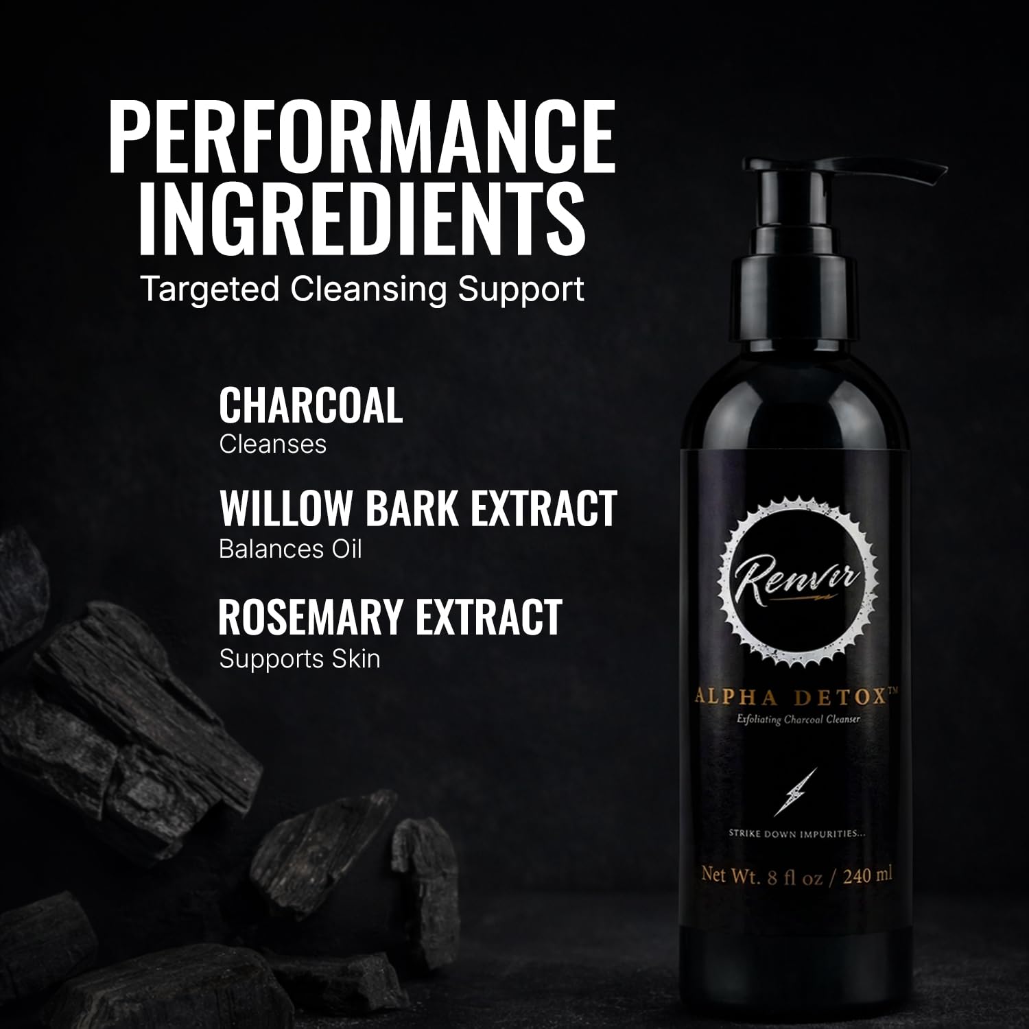 Alpha Detox Charcoal Face Wash for Men, Deep Cleansing Facial Cleanser with Willow Bark and Rosemary, Oil Control Daily Face Wash for Oily and Blemish Prone Skin