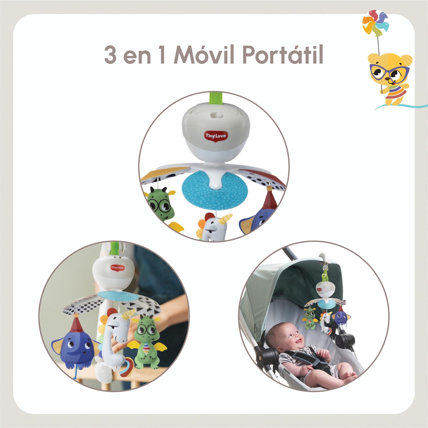 Tiny Love Móvil Portátil, Móvil Cuna Bebé Musical 3 en 1, +0M, Móvil Bebé Silla de Paseo, Móvil Multiuso con Tres Conectores, Cinco Melodías, 30 Minutos de Música Continua, Born To Party