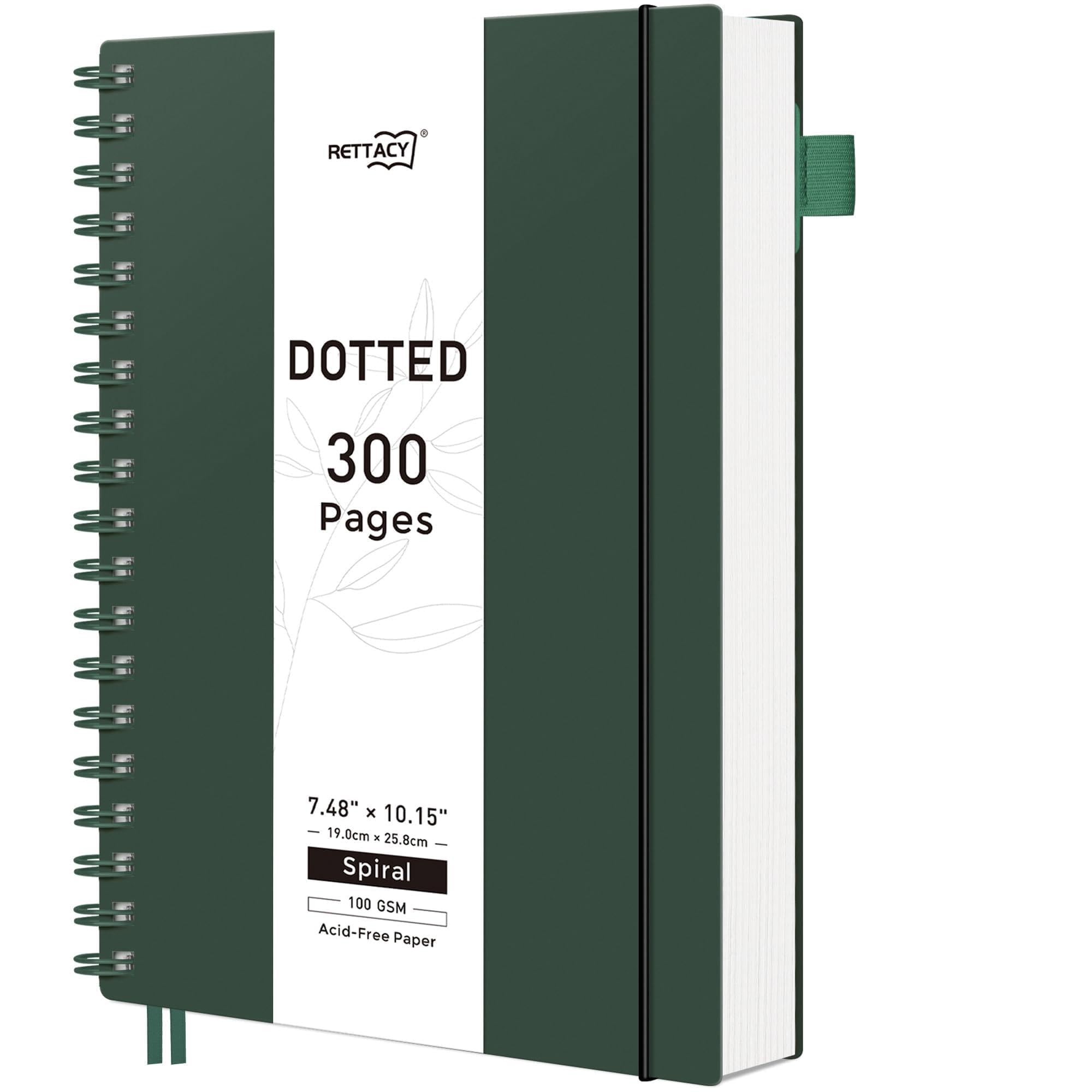 RETTACY Dotted Journal Notebook, 300 Pages, B5 Medium Size (7.4'' × 10''), 100 GSM Thick Paper, Flexible Plastic Cover, Spiral-bound, for Bullet
