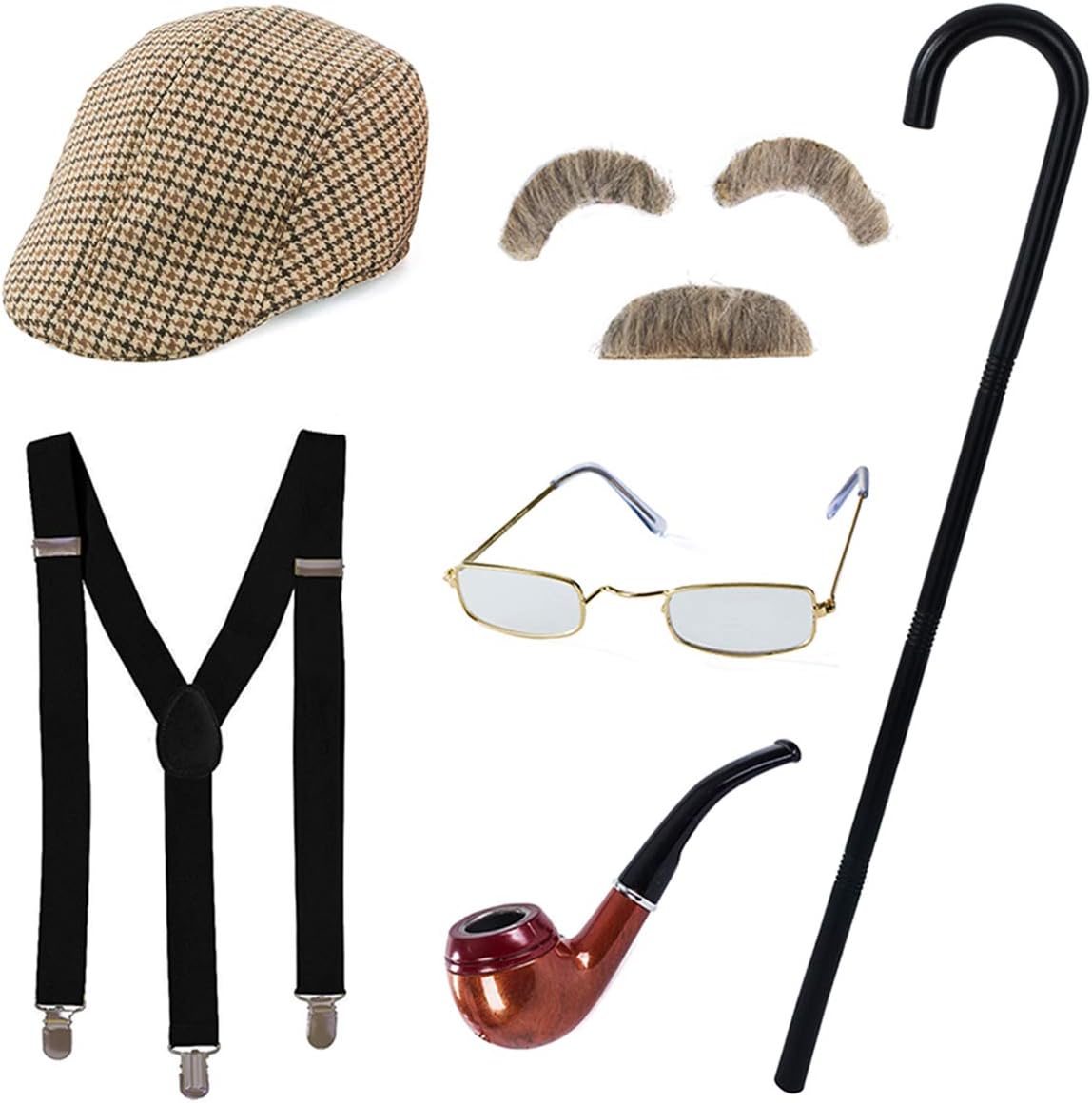 Old Man Costume - Grandpa Costume With Cane - Old Man Glasses, Eyebrows, Mustache, Hat - Tigerdoe