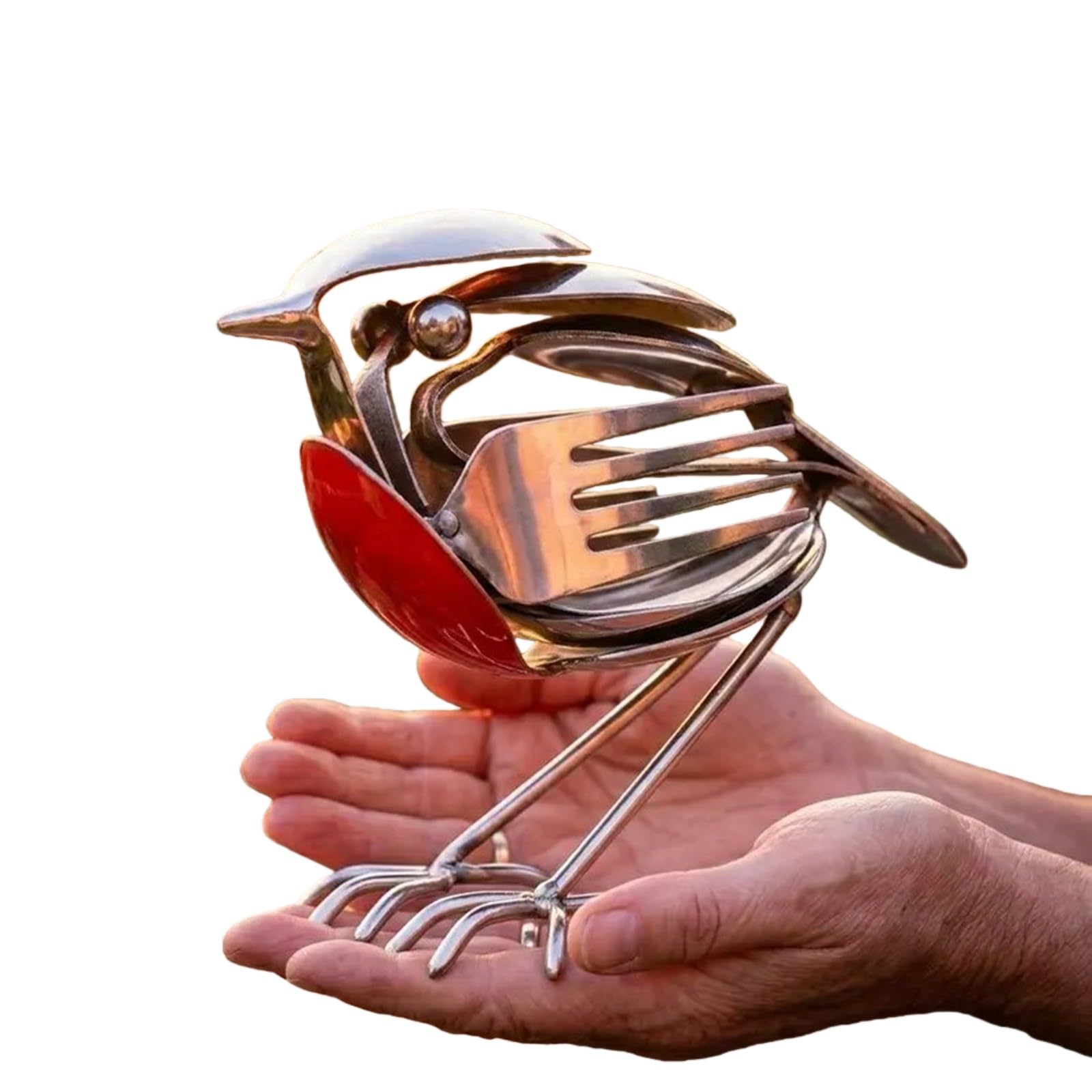 Metalowa statuetka ptaka, ręcznie robiona rzeźba rudzika, rustykalna sztuka do ogrodu, patio i trawnika, wyjątkowy prezent dla miłośników ptaków, ozdoba z widelcem i łyżką, metal z recyklingu
