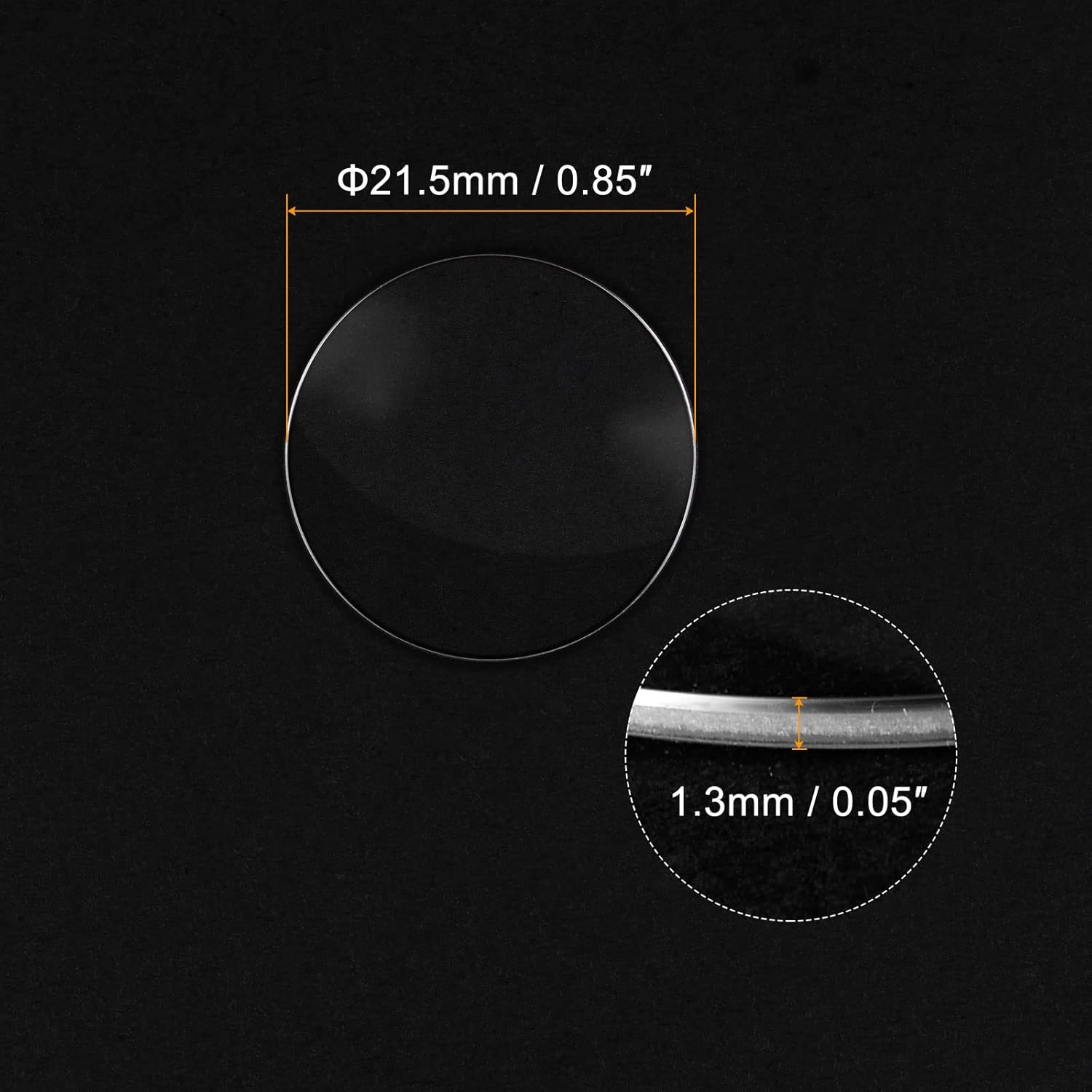 Diagram illustrating the 21.5mm diameter and 1.3mm edge thickness of the watch lens