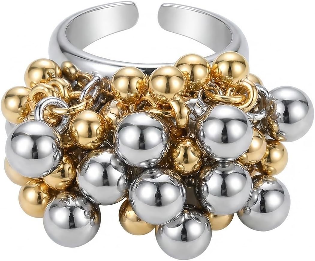 Tiny Ball Cluster Statement Ring Golden Silver Two Tone Beads Expandable Adjustable Promise Knuckle Thumb Finger Rings Comfort Fit Open Stacking Band Fashion Jewelry for Women Wedding Engagement