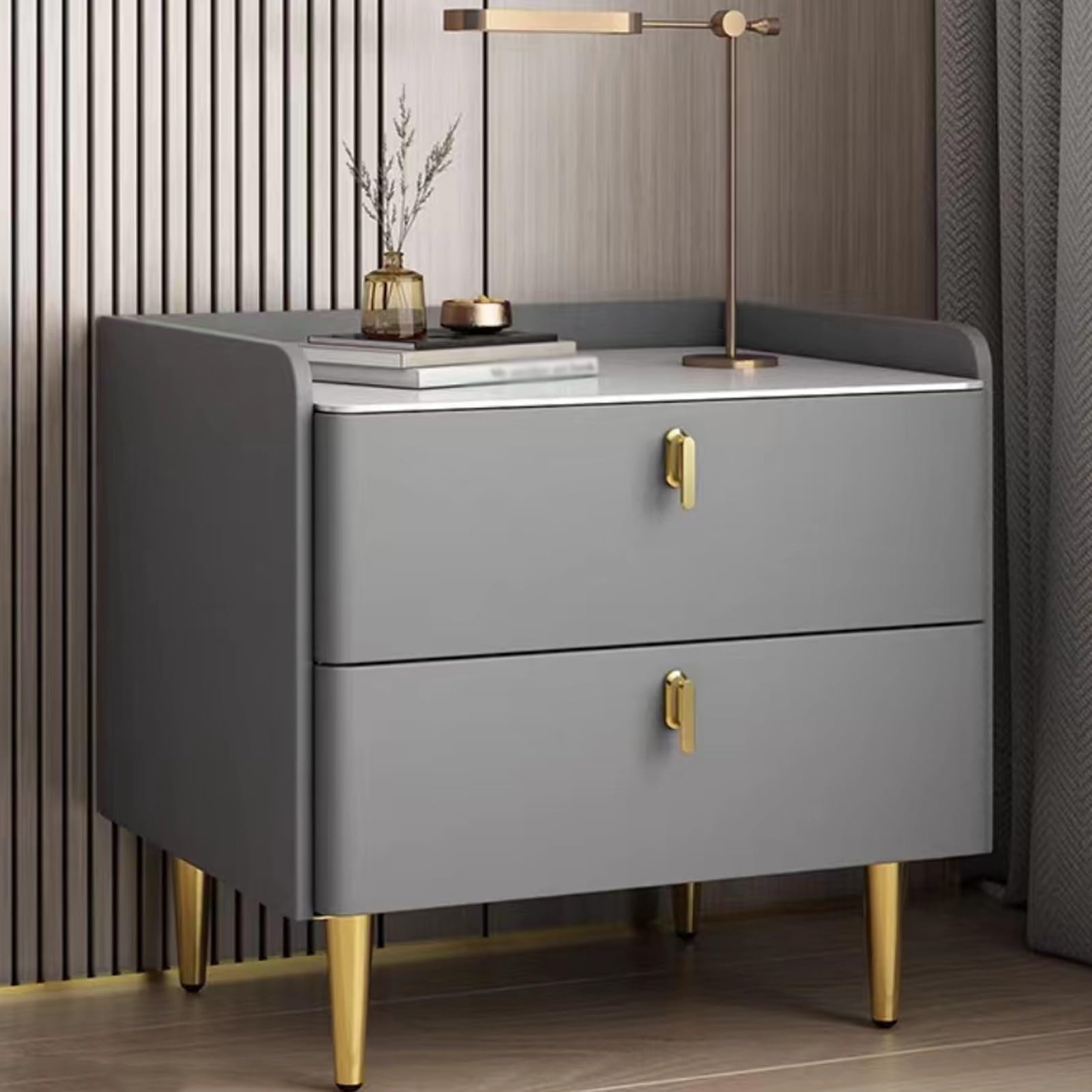 Table de chevet en bois massif gris avec 2 tiroirs pour chambre moderne
