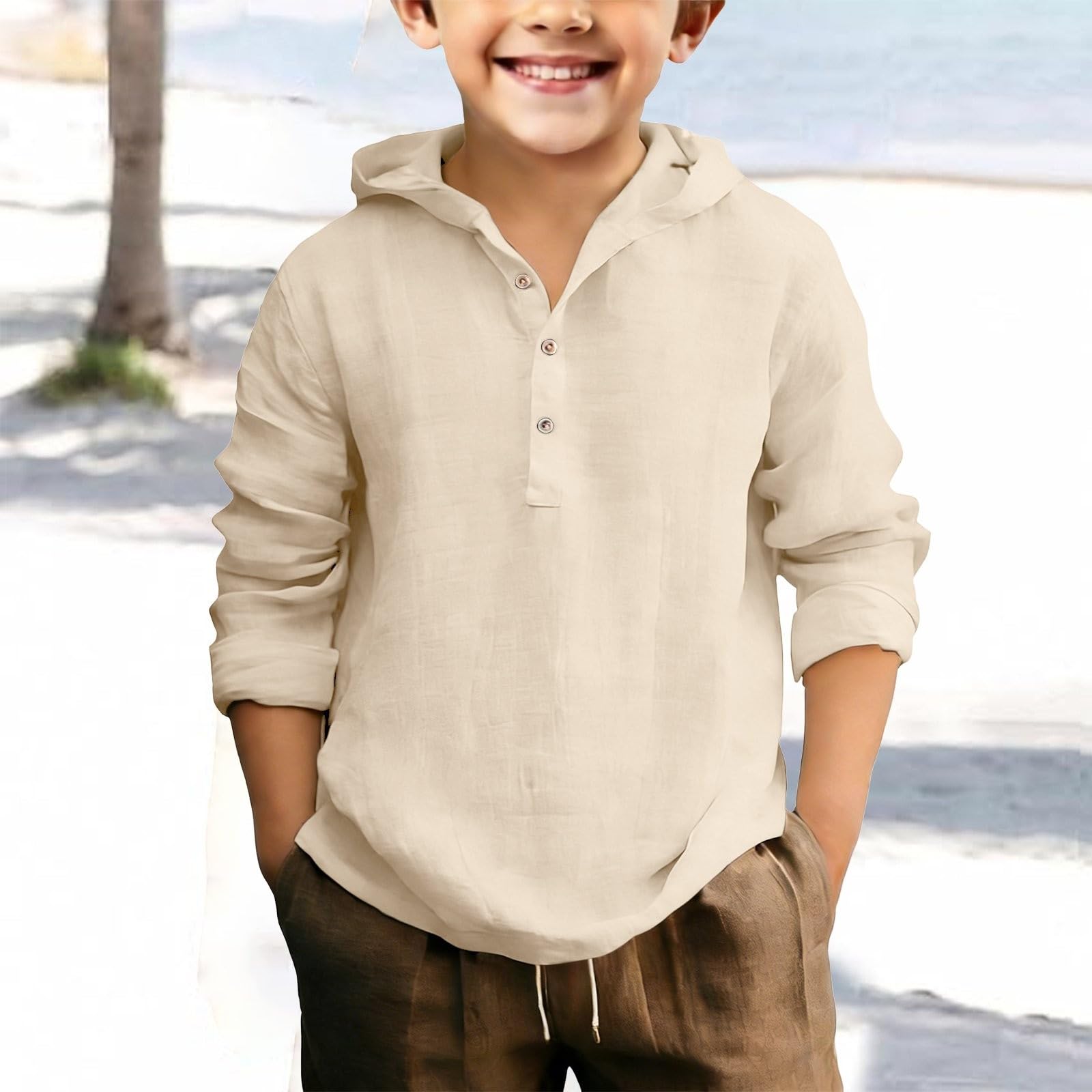 Baumwolle Leinen Hemd Jungen Langarm Henley Hemd mit Kapuze Kinder Button Down Hoodie Teenager Jungen Sommer Lässiges Kapuzenhemd Oversized Shirt Einfarbig Knöpfen Langarmshirts