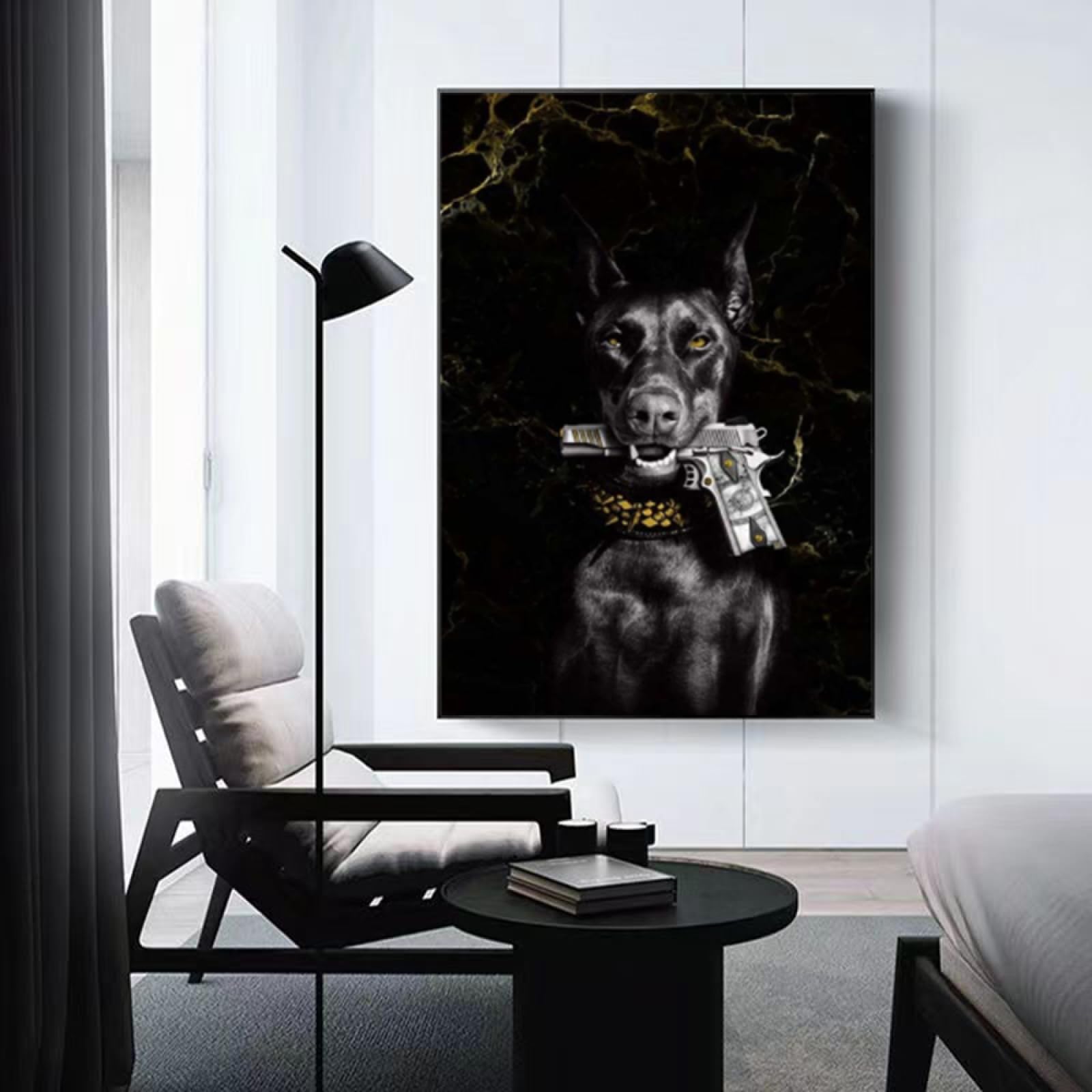 Acquista Cane con pistola d'oro Poster Stampe di lusso Cane Arte Tela Pittura Doberman Arte murale Immagini Murale per soggiorno Decorazione della casa Nessuna cornice in Italia a partire da 1.02