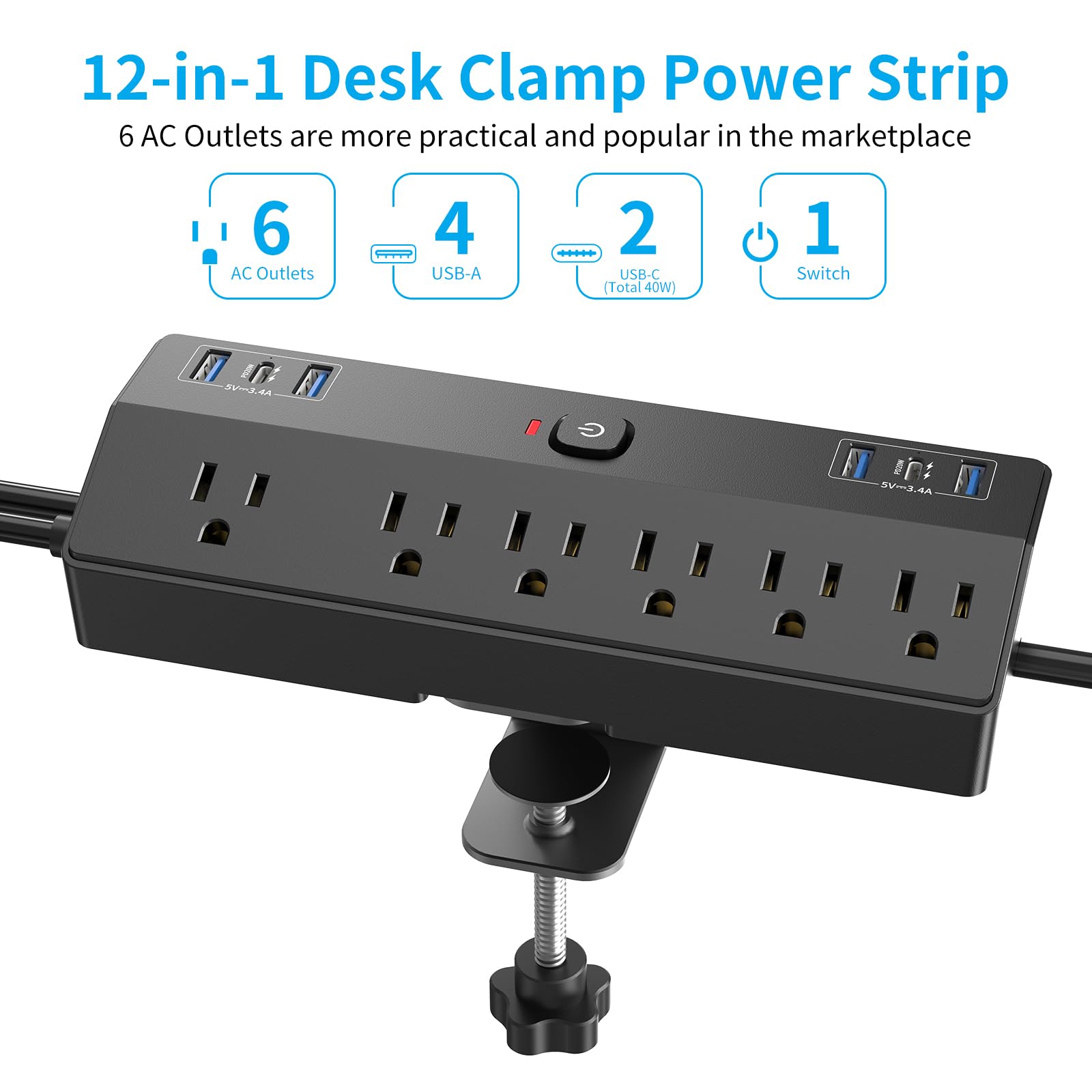 Desk Clamp Power Strip with 40W Fast Charging Station, JXGUCAT Removable Desk Clamp Mount Power Strip Surge Protector, 2 USB-C Ports, 6 AC Outlets and 10ft Cord, Fits 1.8