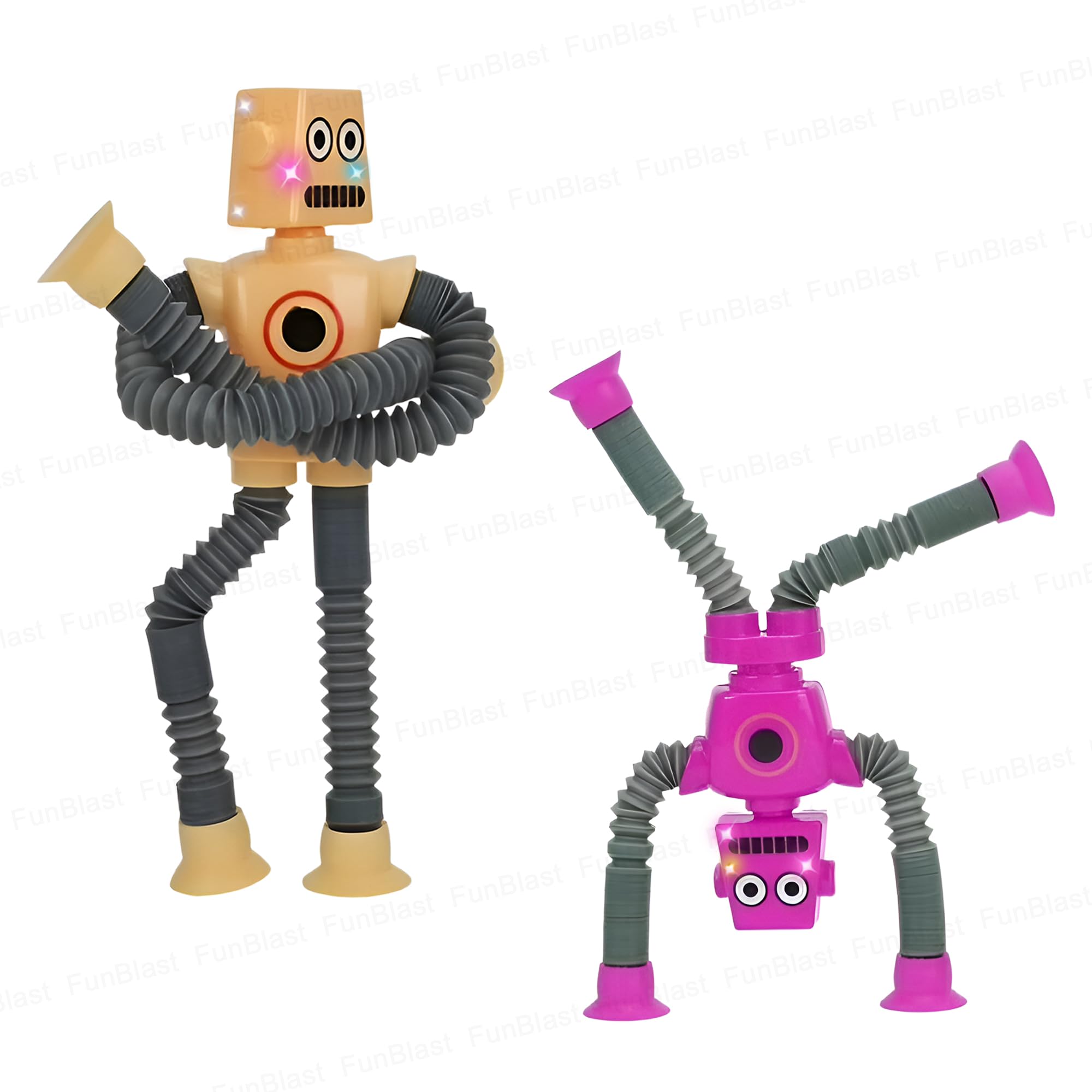 FunBlast Flexible Fighting Robots Toy with Light - Pack of 2; Interactive Toy Set with Bendable Arms & Suction Feet - Fun Battling Game for Kids & Adults (Yellow-Purple)