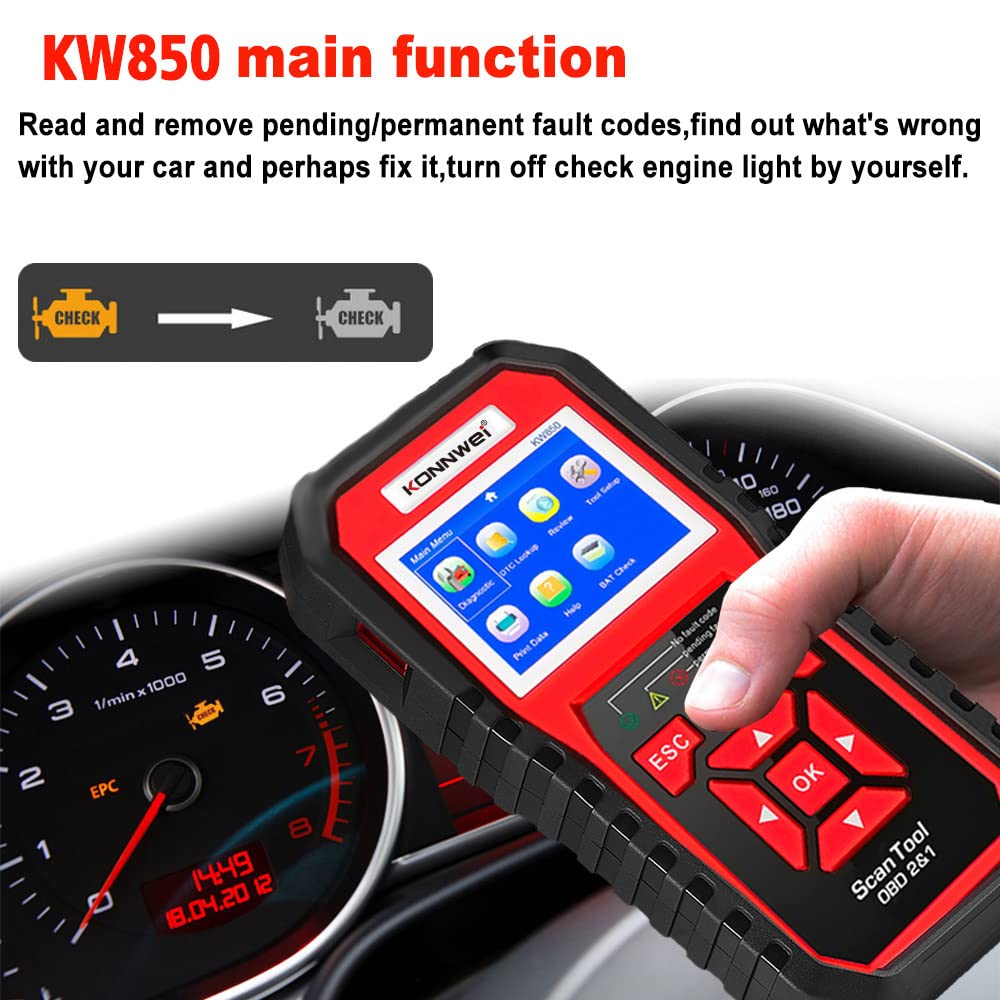 KONNWEI KW850 OBD2 urządzenie diagnostyczne z testem baterii urządzenie diagnostyczne do samochodu | Czytnik samochodowy z wyświetlaczem 2,8", przycisk czuwania One Touch I/M, kompatybilny z pojazdami OBDII od 2002,9 języków