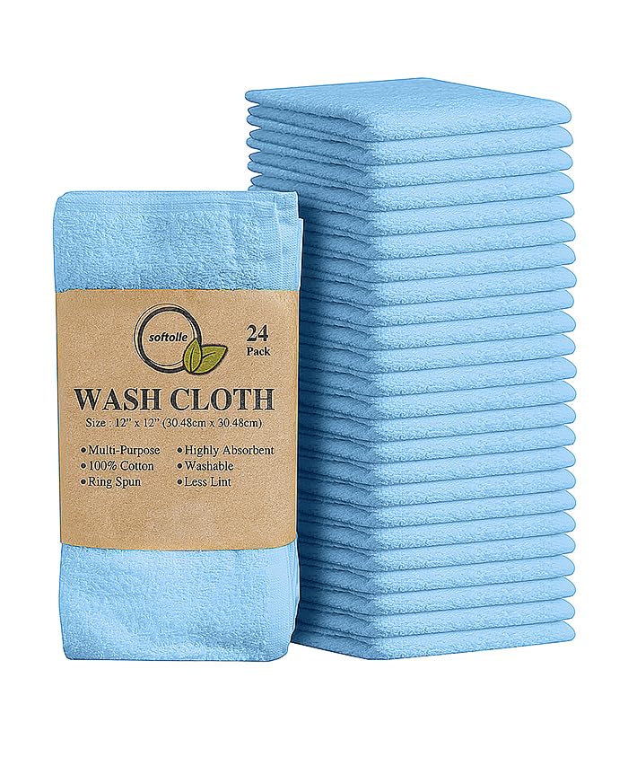 Softolle 100% Cotton Washcloths 24 Pack (12x12 Inches) Soft, Highly Absorbent Washcloth, Face Towels, Wash Cloths for Face, Ring Spun, Bulk Pack (Sky