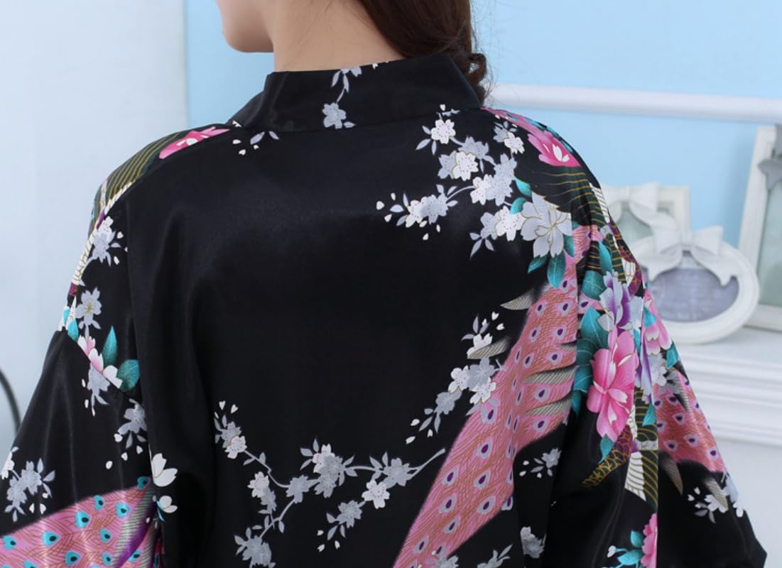 Genérico Bata Tipo Albornoces Kimono de Satén con Estampado de Pavo Real para Mujer,Ligera con Cuello en V,Ideal para Bodas,Fiestas,Novias,Ropa de Dormir de Seda para Estar en Casa.