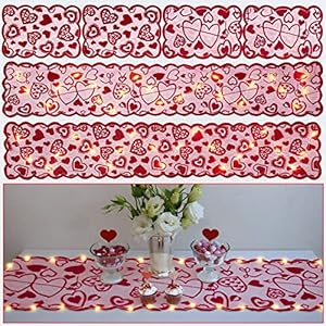 90shine 6PCS Valentines Day Decorations Table Runners Placemats Romantic Lace Heart Centerpieces Wedding Party Decor Supplies, with 2 Light Strips