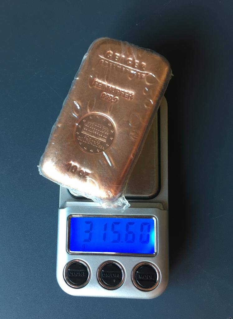 Lot de 5 lingots de cuivre de 311 grammes (10 oz) chacun (50 oz au total, 1555 grammes de cuivre) de la raffinerie allemande de métaux précieux Geiger Edelmetalle