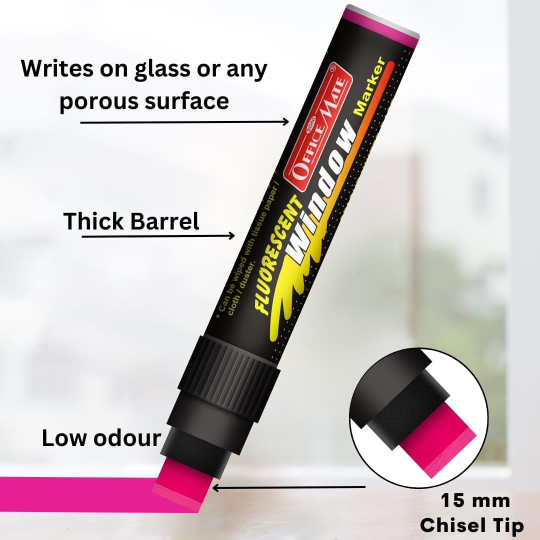 Soni Officemate Jumbo Fluorescent Chalk/Window Marker | Pack of 6 (Mix Colour)| Smudge-Free | Easy Erase | For Mirror, Glass Display