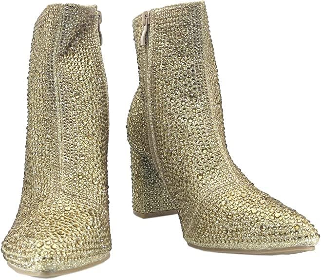 Women Rhinestone Block Chunky Heel Ankle Bootie Iceberg 12 By Forever shoes Gold Size 7 - Image 4