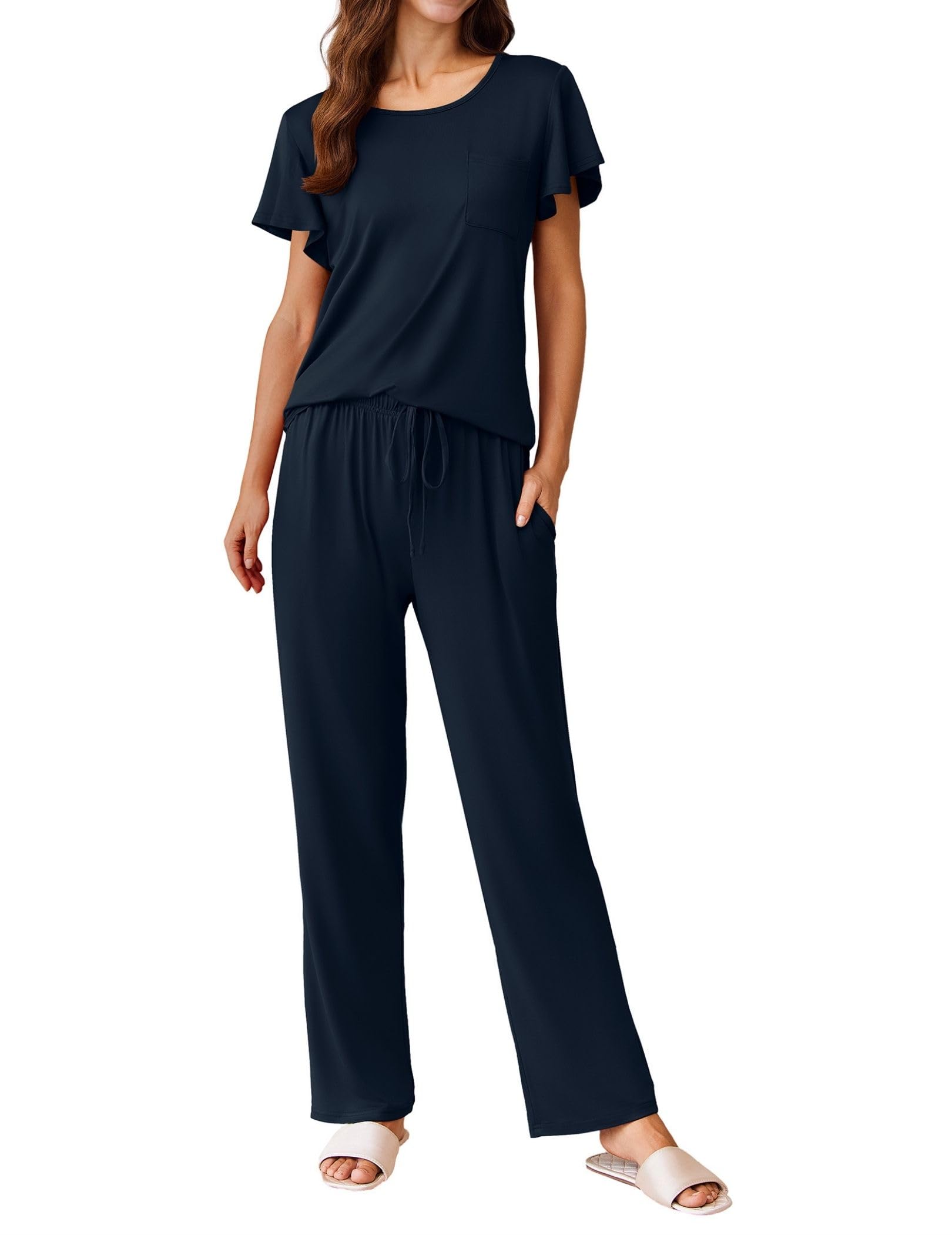 Ekouaer Pajamas for Women Set 2 Piece Comfy Loungewear, Lightweight Pjs Sleepwear, Short Sleeve Top &amp; Long Pants with Pockets