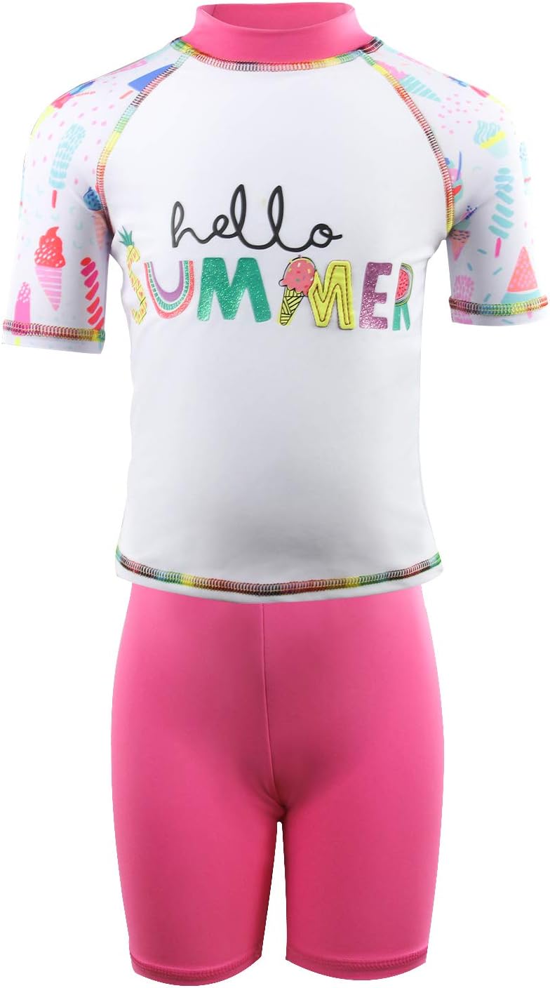 Julysand Toddler Girls Rash Guard Sets Summer Letter Ice Cream Print Swimsuit Short Sleeve Two Piece Swimwear