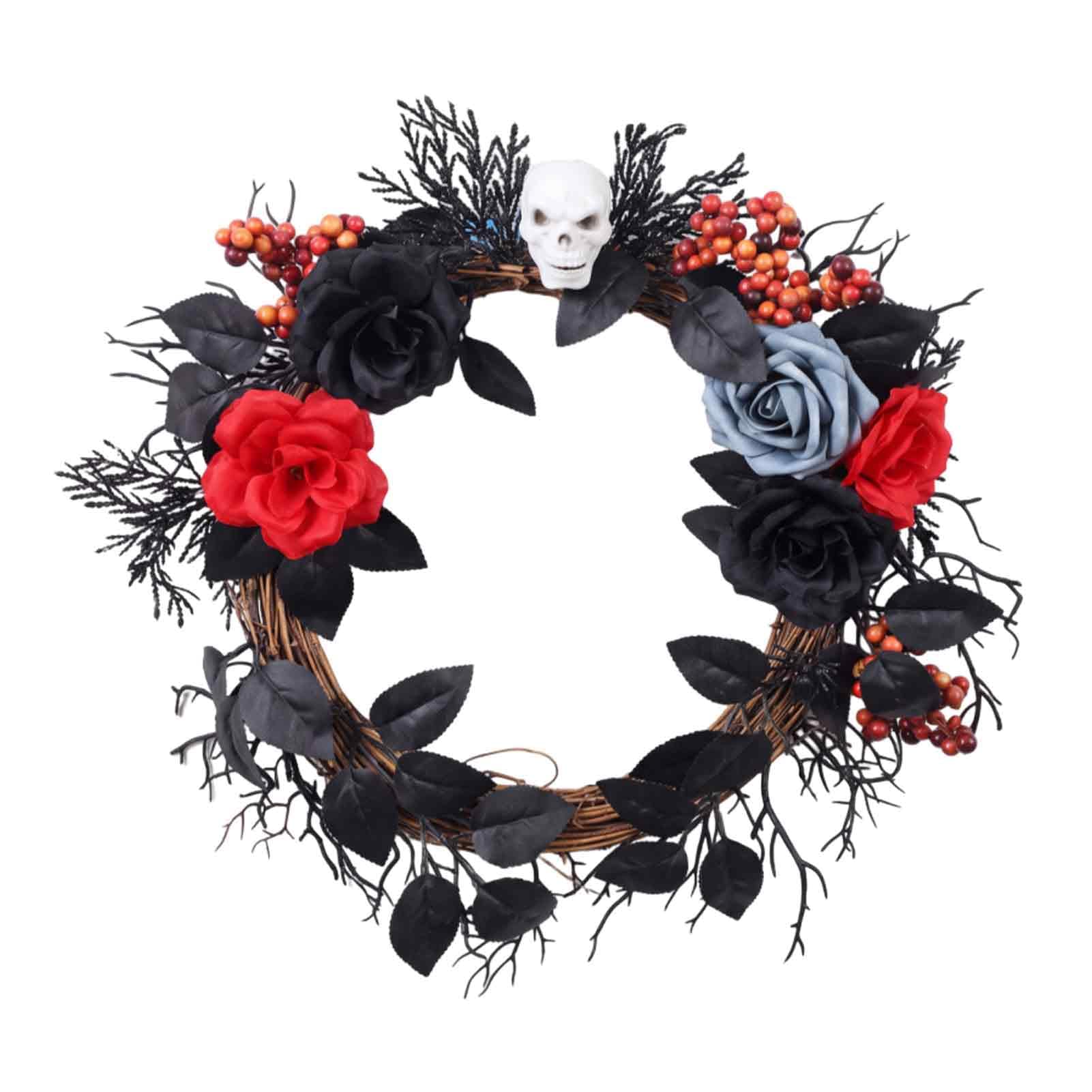 Gothic Black White Blue Rose Twig Wreath 15 Inch Halloween Skull